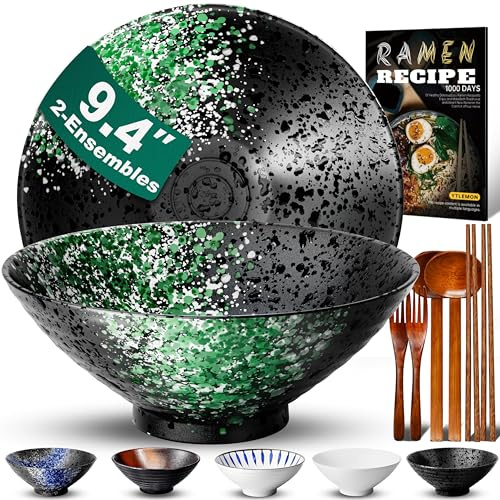 9.4Pollici 2 Set Ciotola Ramen In Ceramica(9 pezzi), Ciotola Di Pasta Giapponesi Con Ricette Forchetta Bacchette E Cucchiaio Per Spaghetti Zuppa Di Insalata Snack Bowl Regali Per Uomini Donne Di Casa