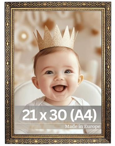 VictoR Vintage bildram svart guld 21 x 30 cm (A4) Vermeer – antik barockram med akrylglas – stabil MDF-baksida – för stående och liggande format – A4 bildram svart guld