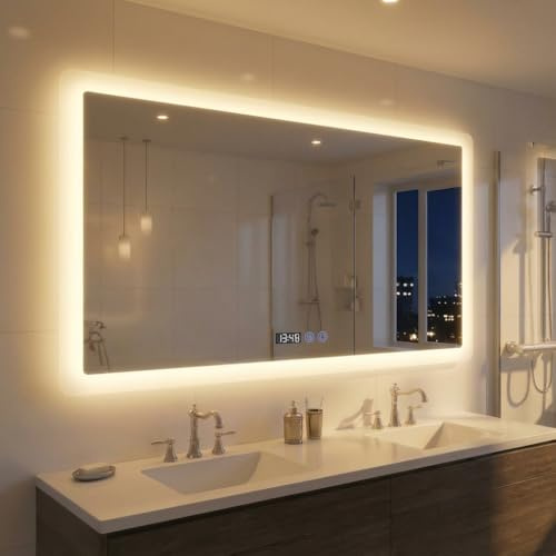 YOURLITE Badspiegel mit Beleuchtung 100x60 cm,LED Badezimmerspiegel mit Uhr | Spiegel Bad Wandspiegel mit Touch-Schalter,Antibeschlag,3 Lichtfarben Dimmbar,Memory-Funktion,IP44,für Badezimmer,Horizontal