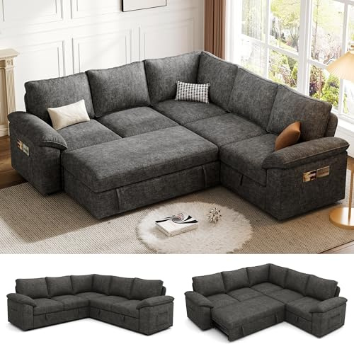 Howjoe Ecksofa Schlafsofa, 5-Sitzer L-Form mit Ausziehbarer Schlaffunktion, Modulares Sofa mit Bettkasten-Stauraum, Modernes Stoff-Schaum-Couch für Wohnzimmer, Maße 218 x 220 x 91 cm, Dunkelgrau