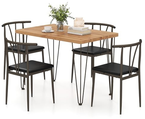 COSTWAY 5 Piece Dining Table Set, Rectangular Kitchen Table and Chairs with PU Leather Upholstered Seat & Non-slip Foot Pads, Metal Frame Space Saving Dining Room Furniture (1, Spindle Back)