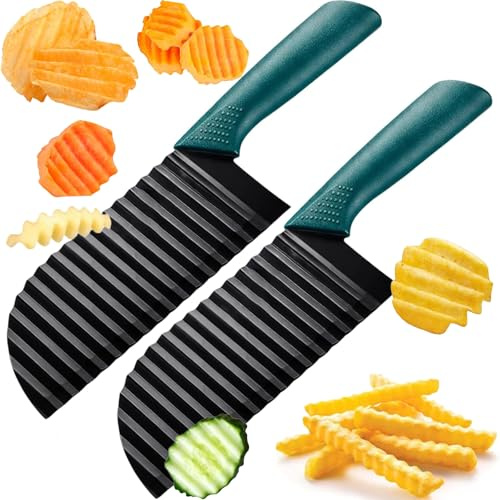 PjuQow 2 Stück Kartoffelschneider Mit Grünem Griff, Wellenschneider Gemüse, Ideal Für Pommes Und Obst, Wellenmesser Für Gemüse Und Kinder