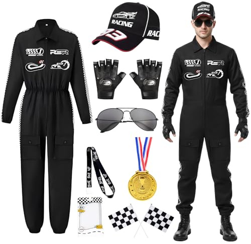Costume da Pilota da Corsa Uomo, Tuta da Pilota per Adulti con Accessori, Occhiali da Sole Guanti Cappello Porta Badge, Costume da Pilota di Auto da Corsa per Carnevale Halloween Festa (Nero, L)