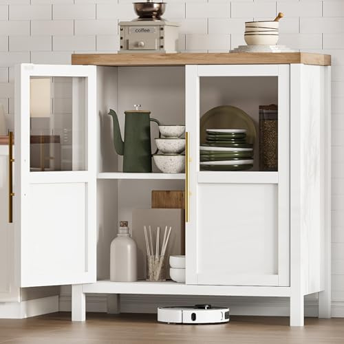 Sideboard Storage Cabinet, Modern Wooden Buffet Cabinet with 2 Glass Doors, Thickened Countertop & Wood Legs, Coffee Bar Drinks Cabinets with Metal Handles for Living Room, Kitchen 73.2x40x86cm - Whit