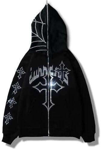 CNSTORE Felpa con cappuccio con pietre strass per uomini e donne, motivo gotico con lettere e croce, con cerniera completa, taglia oversized