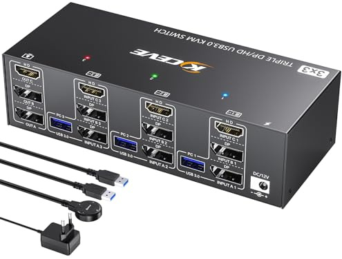 YOUTINGHDAV KVM-omkopplare 3-PC 3-skärmar 8K@60Hz, 4K@144 Hz, triple Monitor KVM-omkopplare 2 displayport 1 HDMI-del 4 USB 3.0-portar mus, tangentbord, trådlös fjärrkontroll (8K DP HDMI 3 i 3 out KVM)