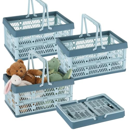 4 Stück Faltbarer Klappbox mit Henkel, 30 x 20 x 16 cm Kleiner Einkaufskorb, Camping Klappkorb, Plastik Klappkiste, Aufbewahrungsbox für Küche Badezimmer Schlafzimmer (Blau)