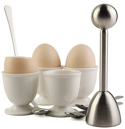 Eierknacker-Aufsatz-Set für weiche, hart gekochte Eier Schalenentfernung inkl. 1 Eierschneider, 4 Keramik-Eierbecher und 4 Löffel