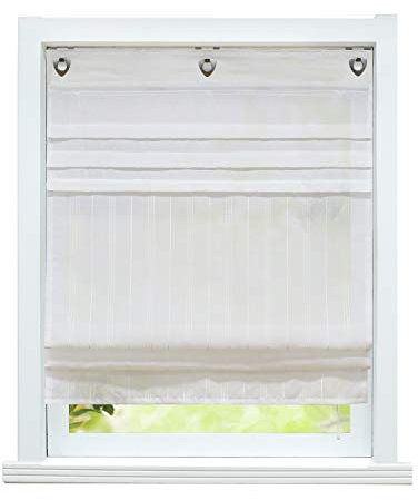 ESLIR Raffrollo ohne Bohren Gardinen Küche Raffgardinen mit Ösen Landhaus Ösenrollo Vorhänge Leinen Halbtransparent Weiß BxH 120x140cm 1 Stück