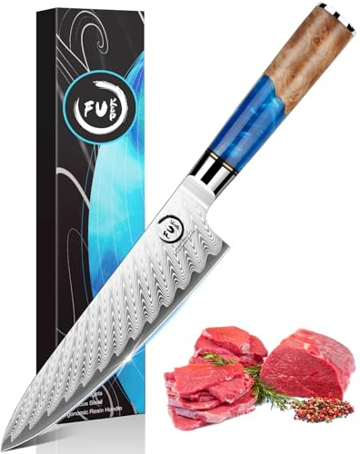 Fukep Chef Knife 8 inch, Damascus Chef Knife Japanese VG10 Core Steel with 66-Layers High Carbon Professional Sharp Chefs Knife 8 Blade Ergonomic Beautiful Blue Resin Handle Gift Boxed
