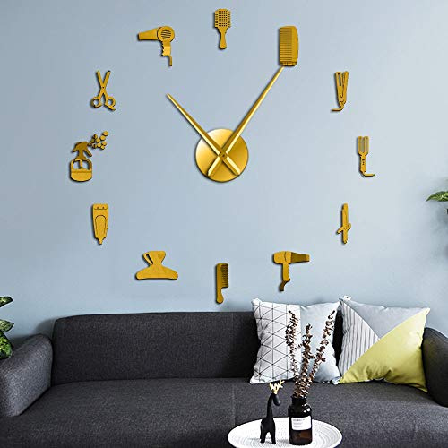 XDG DIY Barber Shop Riesenwanduhren mit Spiegeleffekt Barber Toolkits Dekorative rahmenlose Uhr Uhr Friseur Barber Wandkunst (Gold, 47 Zoll)