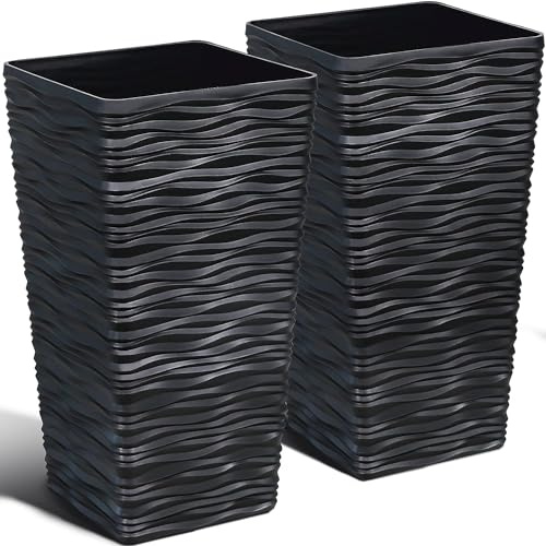 Worth Confezione da 2 fioriere per alberi alti da giardino, in plastica, quadrate, affusolate, per interni ed esterni, altezza 55,9 cm, moderna finitura ondulata, vasi da fiori decorativi per portico