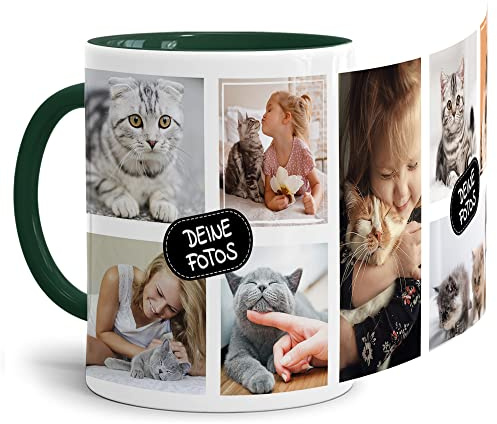 Foto-Tasse zum selbst gestalten mit Foto-Collage für 8 Wunschfotos - Geschenk für Familie, Freunde, Geburtstag, Weihnachten - Keramik Innen & Henkel Dunkelgrün, 300 ml I Personalisiert