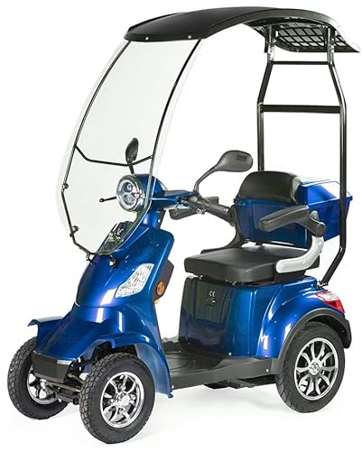 VELECO FASTER ROOF - Mobilitätsroller mit 4 Rädern – komplett montiert und fahrberereit – Dach mit Windschutzscheibe – sicher und stabil – Alarmanlage – geräumiger Stauraum - Vierrad (BLAU)