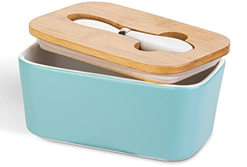 Porcelain Butter Dish with Butterknife & Lid, Henten Home Airtight Butter Keeper for Countertop, Large Butter Holder for All Types of Butter(Matte Blue)
