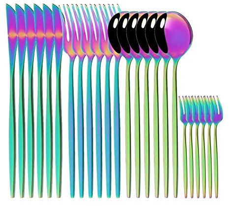 24 stücke Black Gold Geschirr Set Edelstahl Besteck Messer Gabel Löffel Besteck Set Geschirr Besteck Set essgeschirr (Color : Rainbow)