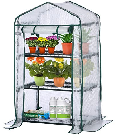 EPROSMIN Mini Greenhouse with 3 Shelves, Waterproof PE Plastic Cover, Roll up Double Zipper Door, Sturdy Steel Frame for Garden and Outdoor – Size H125cm x W69cm x D49cm