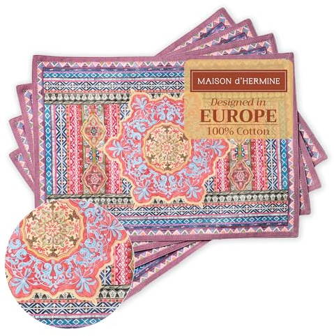 Maison d'Hermine Platzsets 100% Baumwolle (33cm x 48 cm, 4er-Set) | Waschbar wiederverwendbar für Zuhause Küche Esszimmer Party Hochzeit Restaurant Thanksgiving und Weihnachten - Ispahan