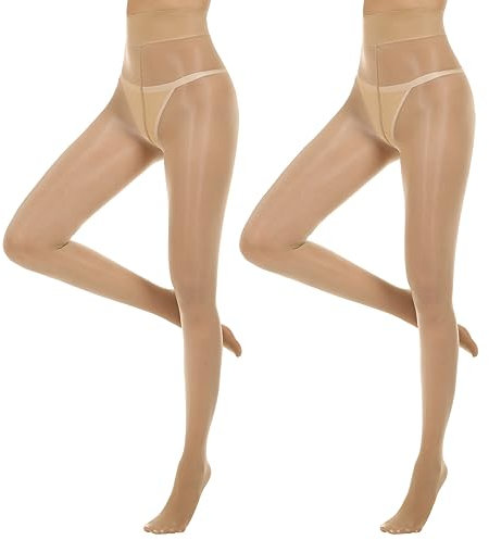 Yilanmy Damen Strumpfhose Glänzende Sexy Öl Glanz Strumpfhosen 15 Denier Hohe Taille Feinstrumpfhose Damen Ultradünne-Hautfarbe*2 Paare, S/M