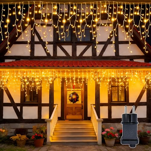 Hopelit Cortina Luces Navidad 5 m 200 LED Blanco Cálido, IP44 Impermeable, 8 Modos con Temporizador, Cable de Cobre Transparente, Guirnaldas Luces Exterior para Bodas, Fiestas, Jardín y Balcón
