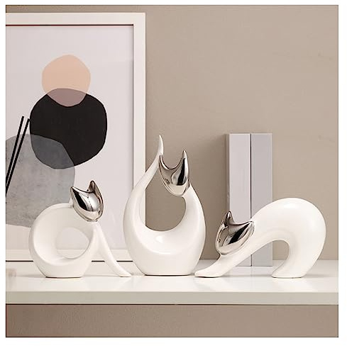 Tauzveok Katzen Deko Statue, Modern Abstract Kunst Skulpturen,Katze Skulptur für Dekoration Wohnzimmer, Büro, Schlafzimmer, Keramik,Glückskatze,Silver Set