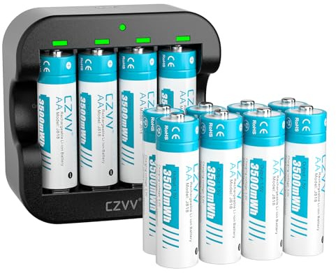 czvv Wiederaufladbare Batterien AA Lithium 1,5V - Hoher Kapazität 3500mWh - 1300 Ladezyklen - 12 Stück Akkus mit Ladegerät, 2 Stunden Schnellladung, Konstanter Ausgang, Geringe Selbstentladung