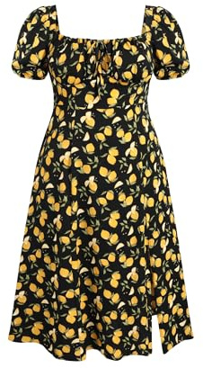 CIDER Plus Size Midi Dress Summer Fruit Patterned Square Neck Puff Sleeve Boho Vacation Casual Midi Dress for Curvy Women, Black, 1X
