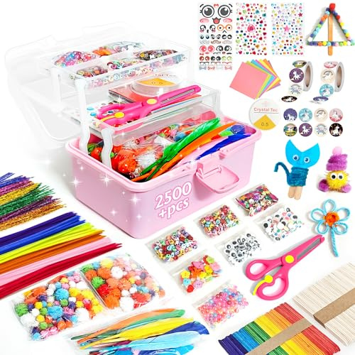 2500+ Stück Kinder-Bastelsets,Bastelmaterial-Sets, Bastelsets inklusiv Einhorn-Aufkleber，Pfeifenreiniger, Pompons, Perlen, Geschenke für Mädchen, Geburtstagsgeschenke, Weihnachts-Day Cards Gifts