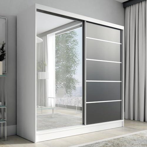 A&J MöbelLand Schwebetürenschrank Nero Kleiderschrank 2-türig mit Schubladen und Spiegel, Garderobe 200 cm (Weiß/schwarz)