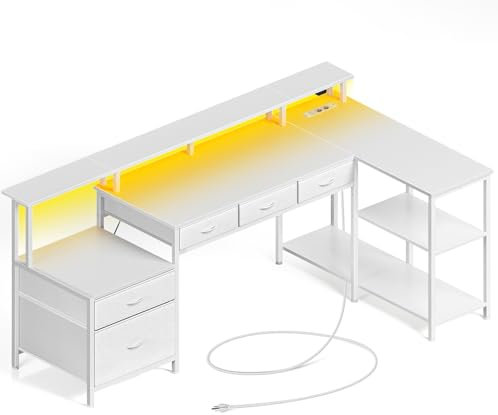 Rolanstar Schreibtisch L Form mit Schubladen, reversibler Gaming Tisch mit Steckdose, LED & Monitorständer 163 cm Computertisch für Büro Arbeitszimmer Schlafzimmer, weiß