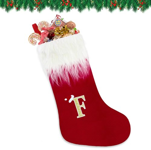VReder Weihnachtsstrümpfe, 56 cm weißer Bart personalisierte gestickte Strümpfe mit Buchstaben, rote Kamin-Hänge-Nikolaus-Socken für Weihnachtsbaum-Dekor Weihnachtsgeschenk (Monogramm F)