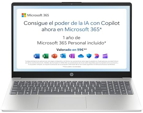 HP 15-fd0186ns - Ordenador portátil de 15.6 FHD (Intel N100, 4GB RAM, 128GB UFS, Intel UHD, Windows 11) Plata - Teclado QWERTY Español