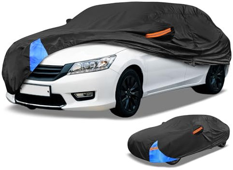 Partuto Universal Car Cover Waterproof All Weather 190T Polyester, UV Sun Rain Protection, Fits for Sedan Length Up to 177, with Left Side Zipper, Black & Blue