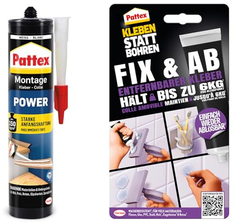 Pattex Set Montagekleber Power 370 g, Baukleber mit starker Anfangshaftung, max. 150 kg/m² und Kleben statt Bohren Fix & Ab 44 g, Kraftkleber hält bis zu 6 kg, ablösbarer Wandkleber