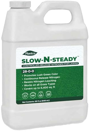 Slow-N-Steady Liquid Lawn Fertilizer | 28-0-0, High Nitrogen, Slow Release Nitrogen (SRN) | Urea Triazone Sprayable Fertilizer | 32 fl oz Bottle | Steady Green-Up for Lawns| Made in The USA |