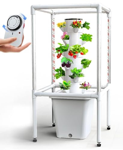 Hydroponics Growing Tower Kits, Vertical Garden Planter with LED Grow Light, Aeroponic System for Indoor Fruits and Vegetables, Includes Hydrating Pump and Timer for Automatic Watering