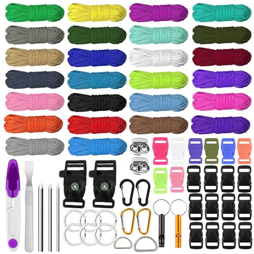 26 färger paracord, 3 m paracordarmband 550 flerfärgade parachute rep band kit med spännen, paracordband spänne för gör-det-själv-armband, nyckelband, hundhalsband