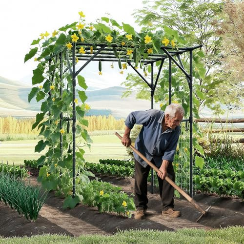 GOPLUS Trillis de Concombres, Support pour Plantes Grimpantes Vignes en Métal Revêtu de PE Antirouille, Pergola Tonnelle Jardin avec Filet pour Raisins, Tomates, Légumes et Rosiers, 200 x 150 x 197 CM