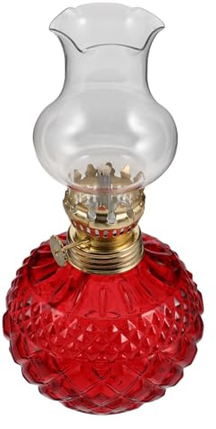 iplusmile Lámpara De Aceite Retro Vintage con Quemador De Lámpara De Aceite, Chimenea De Cristal, Color Rojo, Luz Nocturna Suave para Interiores, Decoración y Uso Emergencias