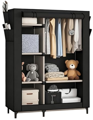 BUERPINKING Armoire en Tissu, Portant Vetement Solide, Antimites Vetements Penderie avec 6 étagères et 2 Poches, Stable et Facile à Assembler, Armoire avec Couvercle pour la Chambre à Coucher (Noir)