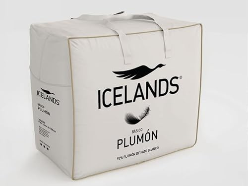 Kimbatex Textil Hogar Tienda Icelands Edredón Nórdico de Plumón, 92% Plumón de Pato, 275 g/m², Algodón 240 Hilos, Blanco con Vivo Beige (Cama 90cm (150x220cm))