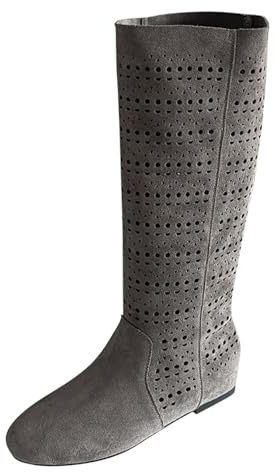 Generiska ihåliga platta stövlar dam knähög, västerländsk cowboystövlar skor dam svart, slip-kängor platta halkfria vidskaftade stövlar med klack, Overknees andas, GRÅ, 36 EU