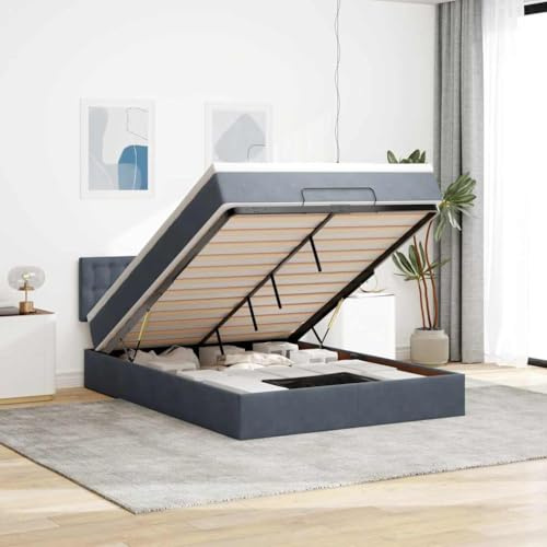 QJBSAVVA Ottoman Bettgestell 140x200 Dunkelgrau Samt mit Matratze und Stauraum Hydraulik Mechanismus Jugendbett Doppelbett für Schlafzimmer und Gästebett