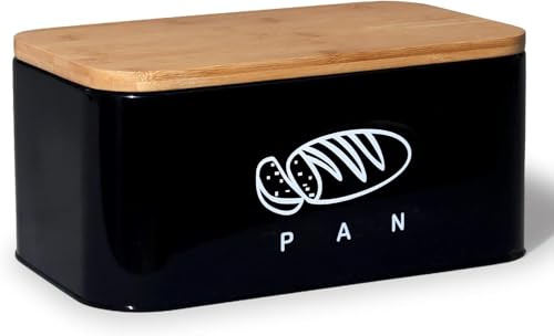 Panera de metal con bambú ecológico | Cubierta convertible en tabla de cortar | Ideal para almacenar pan y mantenerlo fresco por más tiempo | Diseño retro para cocina (Negro-tapa de Bambú)