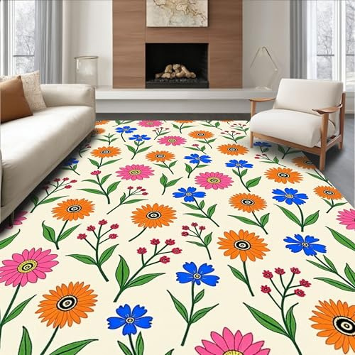 Low Pile Flatwoven Area Rug 5x7, Meadow Wildflower Mosaic with Interlocking Seed Pod and Floral Motifs, Machine Washable, Stain Resistant Indoor Rug for Living Room, Bedroom, Non Slip(Beige, 5x7, Pad)