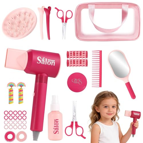 3T6B Juego de peluquería para niños y niñas, juguete con secador de pelo, 38 piezas, maletín de peluquería para niños con accesorios para el pelo, juguete para niñas a partir de 3, 4, 5, 6, 7, 8 años