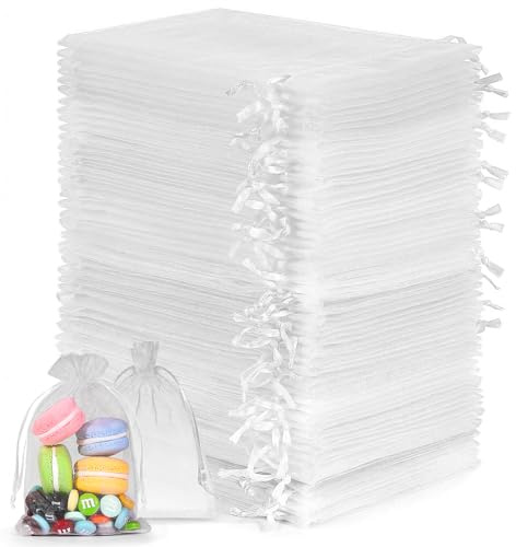 WGIDSKKI 100 Stück Organzasäckchen,Weiß Geschenksäckchen Schmucksäckchen,10 x 15 CM Organza Säckchen Klein Bonbonsbeutel für Hochzeit,Fest Party,Geschenksäckchen für Festliche Anlässe (Weiß)