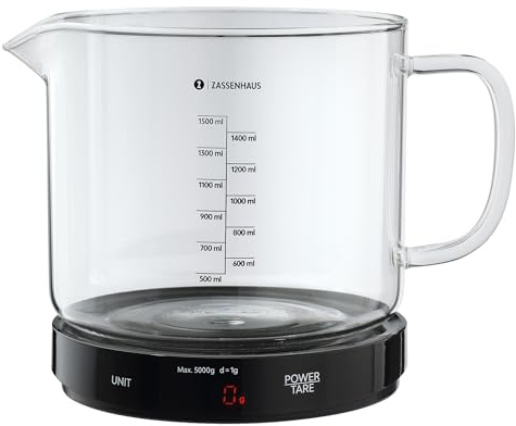 Zassenhaus BAKE Bilancia da cucina digitale nera, con misurino in vetro borosilicato, plastica, sensore touch, funzione tare, max. 5 kg in gradini di 1 g, indicatore di sovraccarico, spegnimento