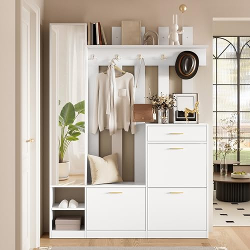 Merax Flurgarderobe Garderobenschrank Flur, Garderobenset mit Spiegel, 3 Schuhkippern, Schublade & Kleiderhaken, platzsparender Garderobenständer, Moderne Flurmöbel für Flur & Diele, Weiß