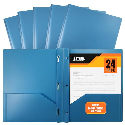 Better Office Products Light Blue Plastic 2 Pocket Folders with Prongs, 24 Pack, Heavyweight, Letter Size Poly Folders with 3 Metal Prongs Fastener Clips, Light Blue